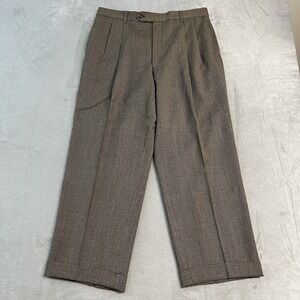 Jos. A. Bank Mens Wool Dress Pants 34x28 Brown Houndstooth Pleated Cuffed EUC